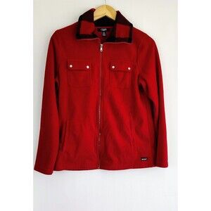 Women’s Fleece Plaid Collar Red Full Zip Jacket Chaps Size Medium Warm Preppy